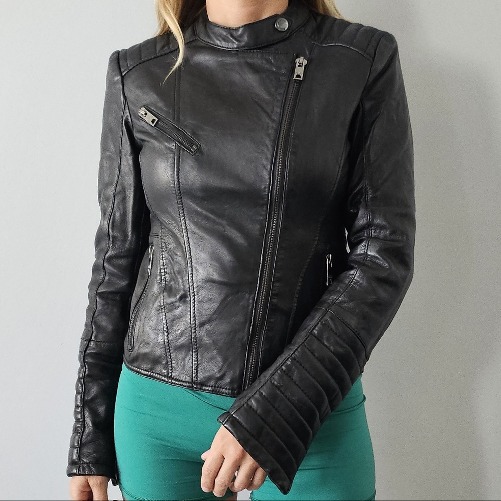Bershka casull wear Sheep Leather Black Moto Jacket Womens Sz S